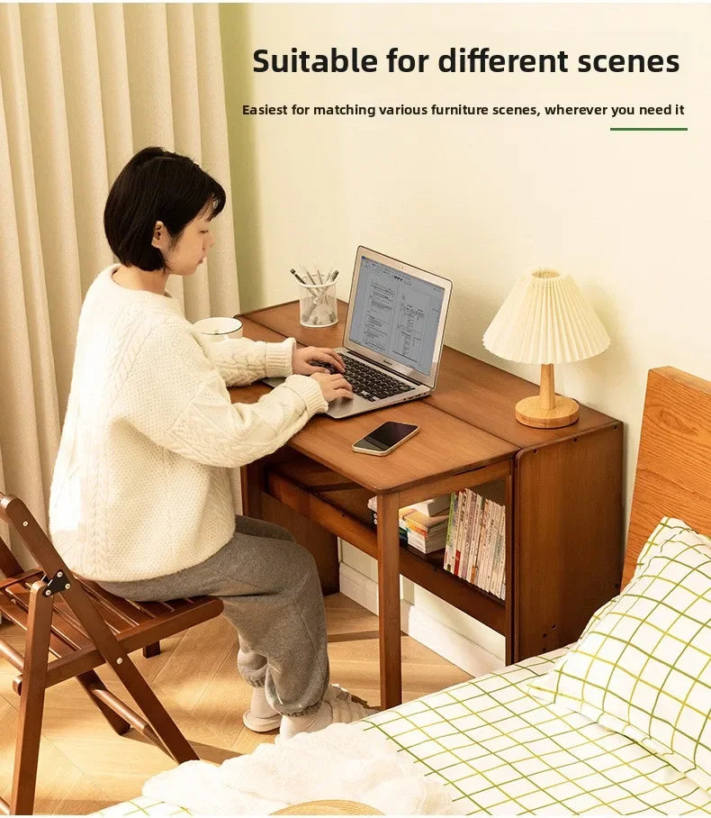 Foldable Bamboo Desk with Built-In Storage Shelf – No-Assembly Space-Saving Study & Computer Desk for Bedroom & Small Spaces