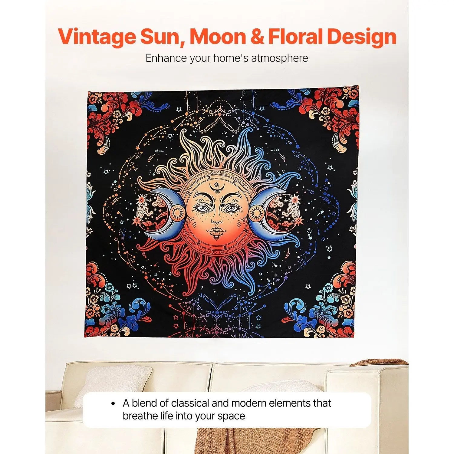 Sun & Moon Mystic Wall Tapestry – Psychedelic Bohemian Floral | Vintage Home Decor for Bedroom & Living Room