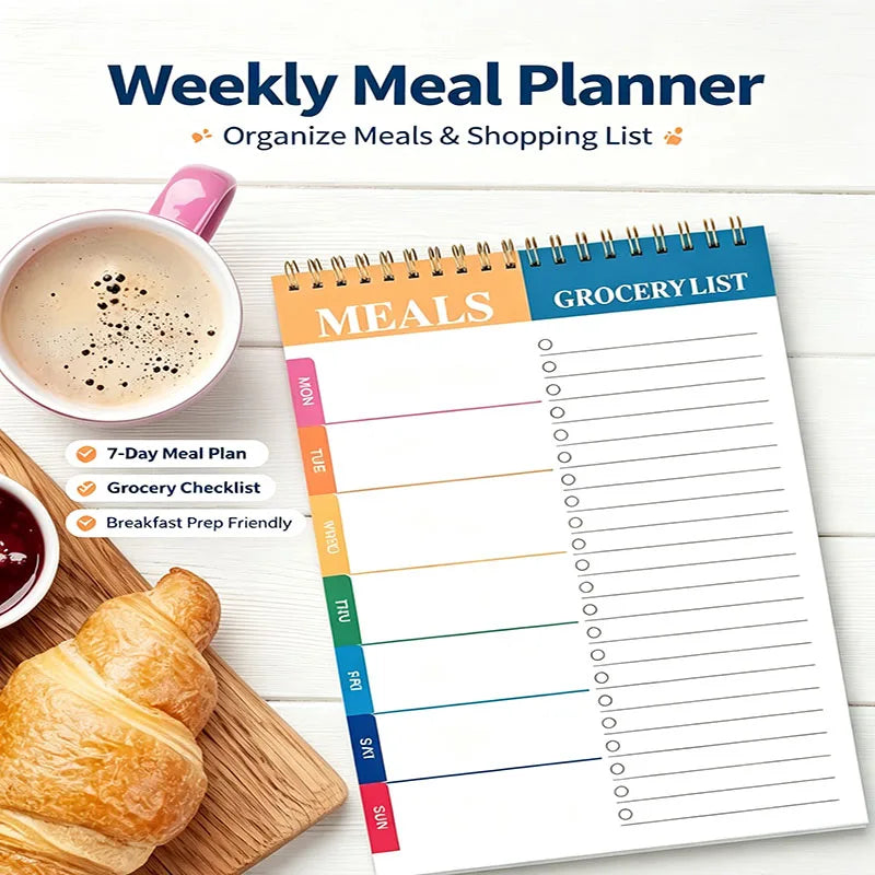 Weekly Meal Planner Notepad – 50 Sheets Tear-Off | 7-Day Meal Plan & Grocery Checklist | Stands Upright | Ink-Resistant Paper