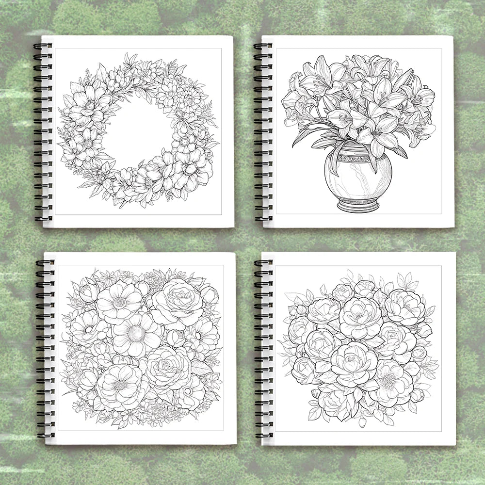 Adult level Spiral Coloring Book - 30 Sheets Floral Designs with Light Shading | 8.3x8.3" | Birthday & Holiday Gift