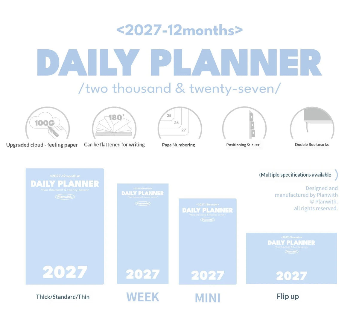 Planwith 2027 Daily Planner – 12-Month Weekly Agenda | Soft PU Cover, 180° Flat Open, 100gsm Paper | 12 Pastel Colors | Gift Box