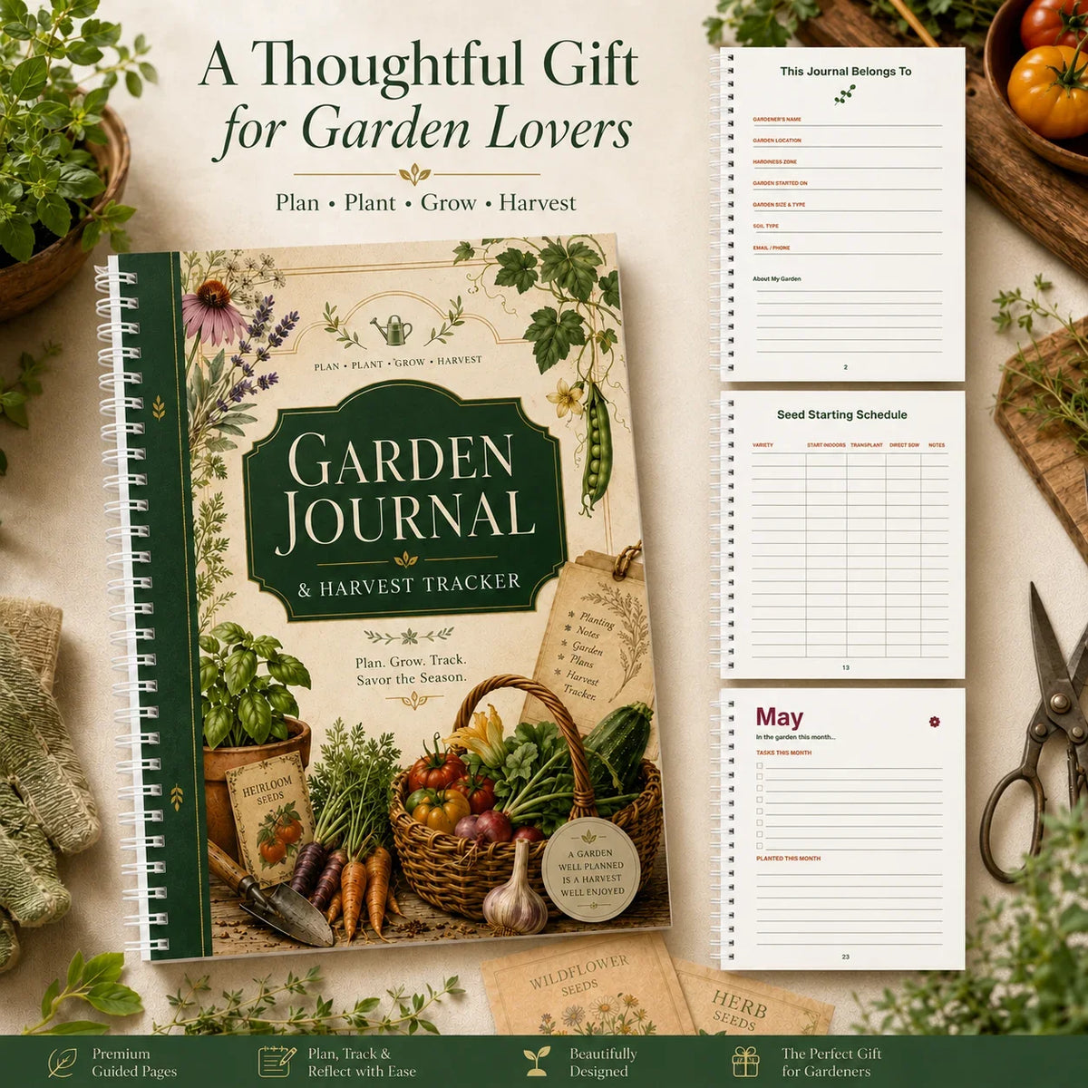 Garden Journal & Harvest Tracker – A5 Spiral Planner Notebook | Guided Pages for Gardeners & Plant Lovers | Gardening Gift