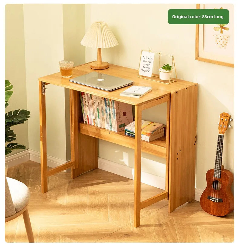 Foldable Bamboo Desk with Built-In Storage Shelf – No-Assembly Space-Saving Study & Computer Desk for Bedroom & Small Spaces