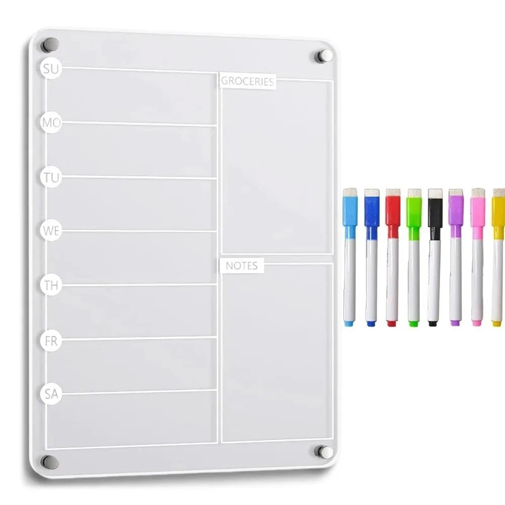 Magnetic Acrylic Fridge Weekly Calendar – Frameless Transparent Dry-Erase Planner | 7-Day Meal & Grocery Board | 8 Markers Included