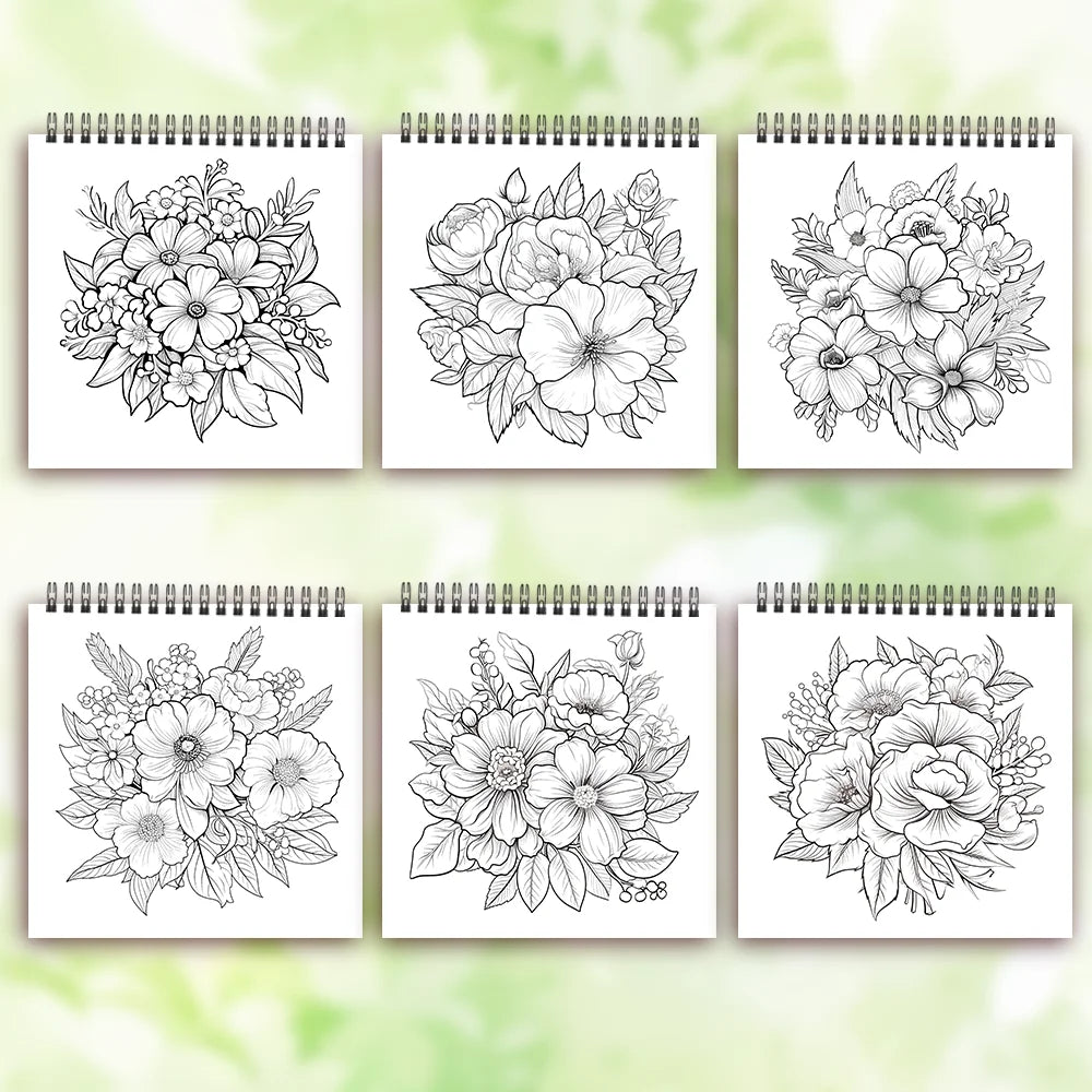 Adult level Spiral Coloring Book - 30 Sheets Floral Designs with Light Shading | 8.3x8.3" | Birthday & Holiday Gift