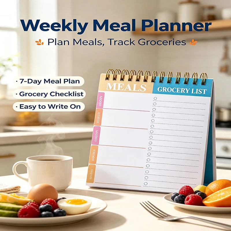 Weekly Meal Planner Notepad – 50 Sheets Tear-Off | 7-Day Meal Plan & Grocery Checklist | Stands Upright | Ink-Resistant Paper
