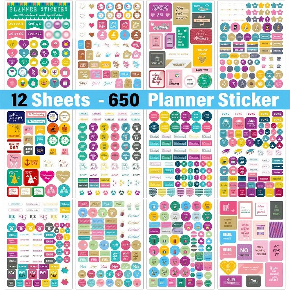 Aesthetic Planner Stickers – 12 Sheets | 650 or 720 Stickers | Holidays, Goals, Quotes, Habits, Finance & More