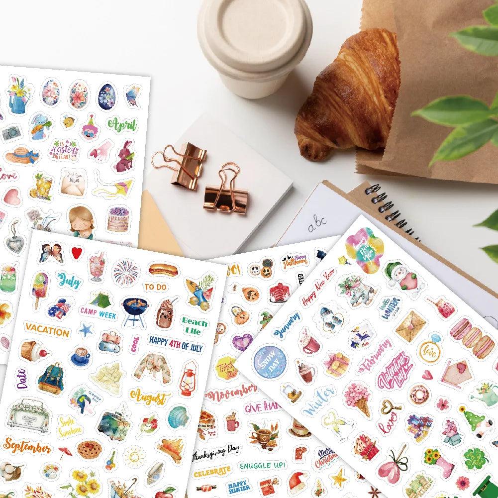 Monthly Calendar Stickers – 4 Sheets, 195 Stickers | Seasonal & Holiday Designs for Planners, Journals & Scrapbooks