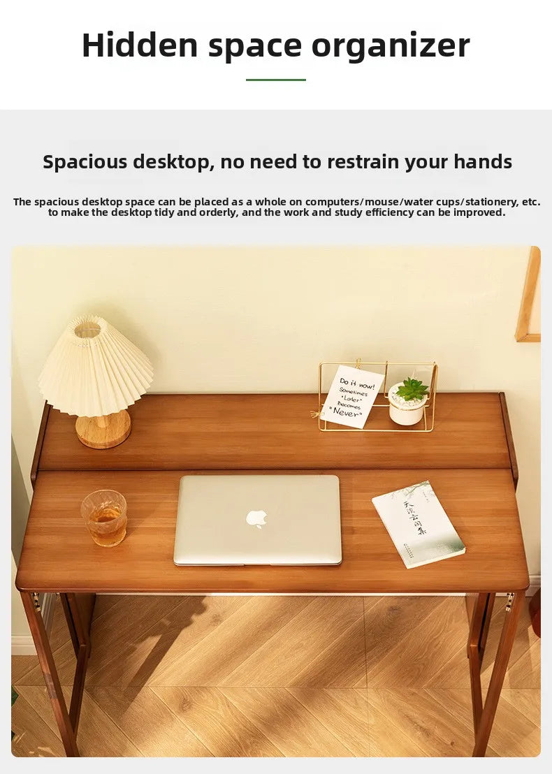 Foldable Bamboo Desk with Built-In Storage Shelf – No-Assembly Space-Saving Study & Computer Desk for Bedroom & Small Spaces