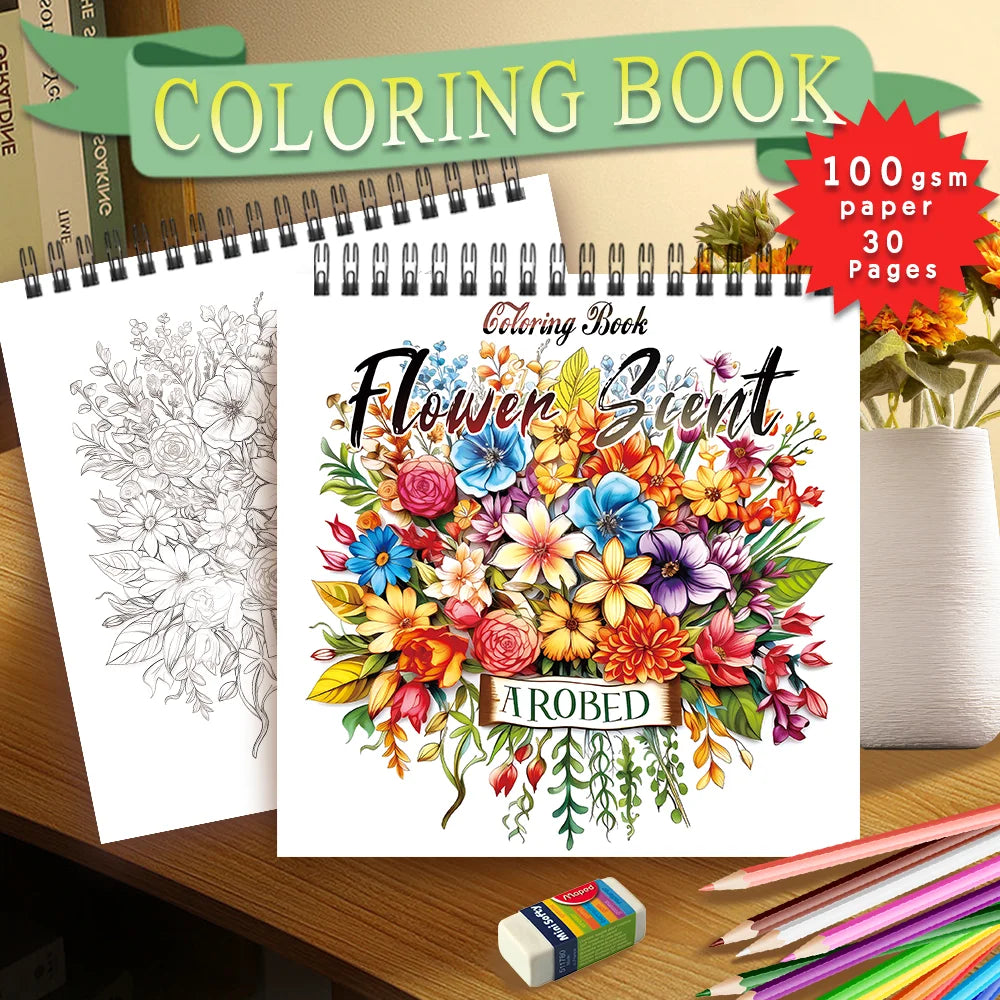 Adult level Spiral Coloring Book - 30 Sheets Floral Designs with Light Shading | 8.3x8.3" | Birthday & Holiday Gift