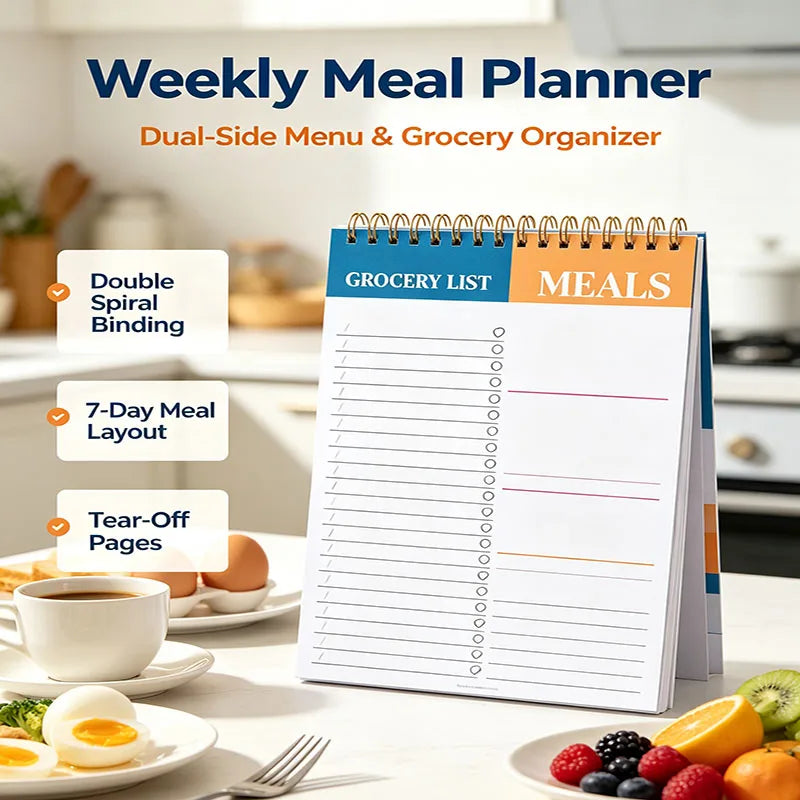 Weekly Meal Planner Notepad – 50 Sheets Tear-Off | 7-Day Meal Plan & Grocery Checklist | Stands Upright | Ink-Resistant Paper