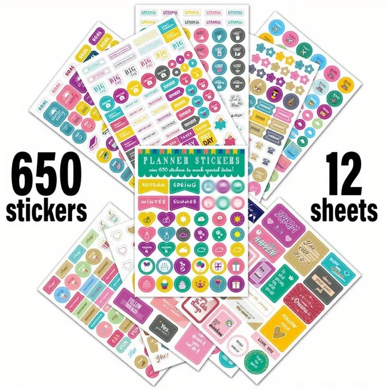 Aesthetic Planner Stickers – 12 Sheets | 650 or 720 Stickers | Holidays, Goals, Quotes, Habits, Finance & More
