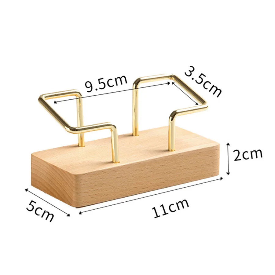 Wooden Business Card Holder with Gold Wire Stand – Desk Organizer Display | Beech or Walnut