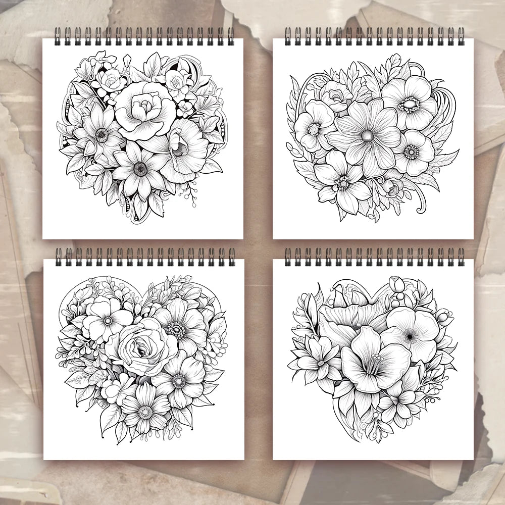 Adult level Spiral Coloring Book - 30 Sheets Floral Designs with Light Shading | 8.3x8.3" | Birthday & Holiday Gift