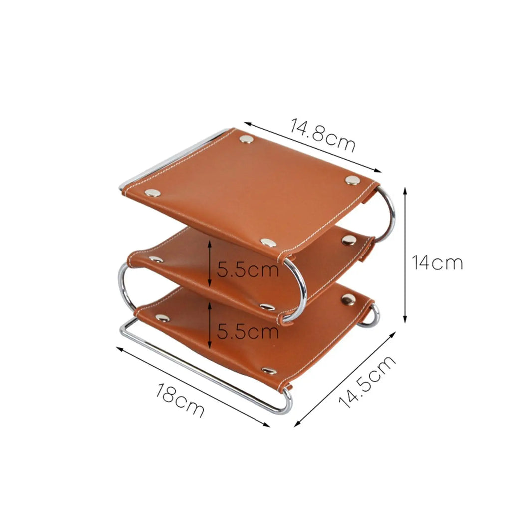 Three-Layer Desk Shelf Organizer in Brown | PU Leather & Metal Rack | File Sorting, Display & Multi-Use Storage