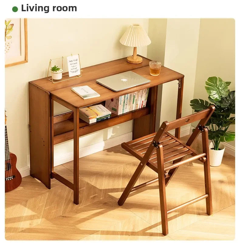 Foldable Bamboo Desk with Built-In Storage Shelf – No-Assembly Space-Saving Study & Computer Desk for Bedroom & Small Spaces