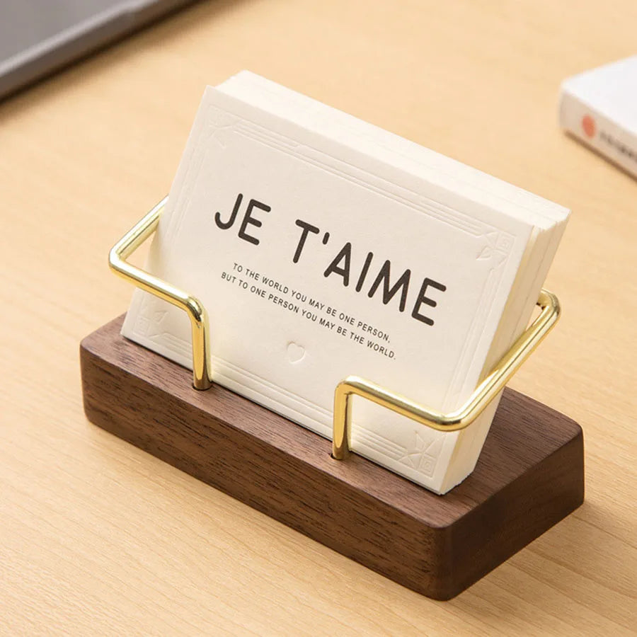 Wooden Business Card Holder with Gold Wire Stand – Desk Organizer Display | Beech or Walnut