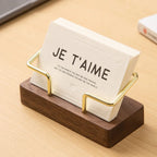 Wooden Business Card Holder with Gold Wire Stand – Desk Organizer Display | Beech or Walnut