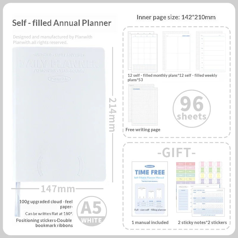 Planwith Undated Self-Fill Annual Planner – A5 / Mini / Week Style | PU Leather Cover, 96 Sheets | Start Anytime