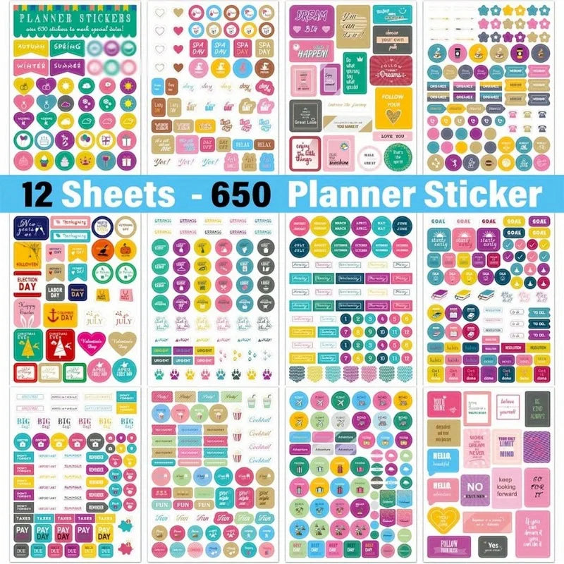 Aesthetic Planner Stickers – 12 Sheets | 650 or 720 Stickers | Holidays, Goals, Quotes, Habits, Finance & More