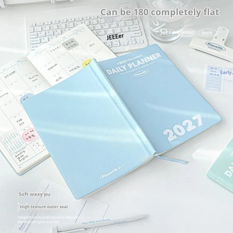 Planwith 2027 Daily Planner – 12-Month Weekly Agenda | Soft PU Cover, 180° Flat Open, 100gsm Paper | 12 Pastel Colors | Gift Box