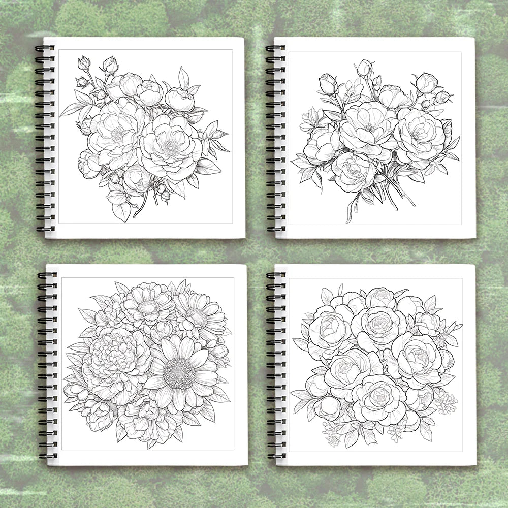 Adult level Spiral Coloring Book - 30 Sheets Floral Designs with Light Shading | 8.3x8.3" | Birthday & Holiday Gift