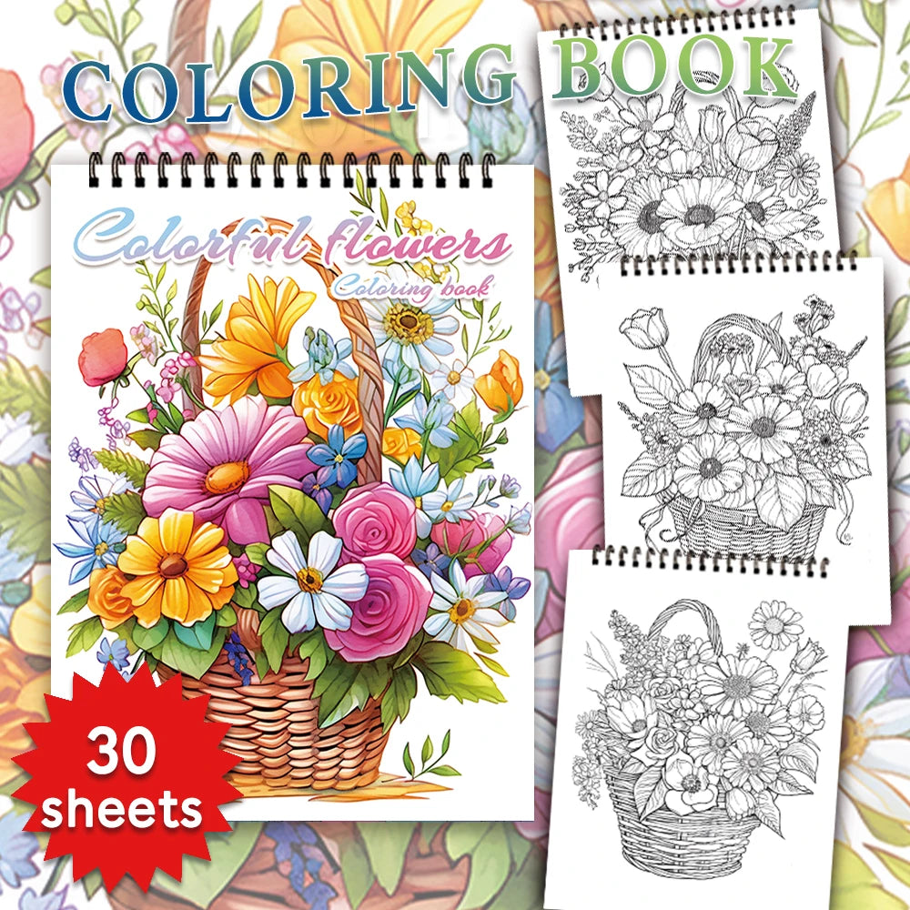 Adult Spiral Coloring Book - 30 Sheets Nature & Floral Themes | 11.2x8.3" Landscape Format | Birthday & Holiday Gift
