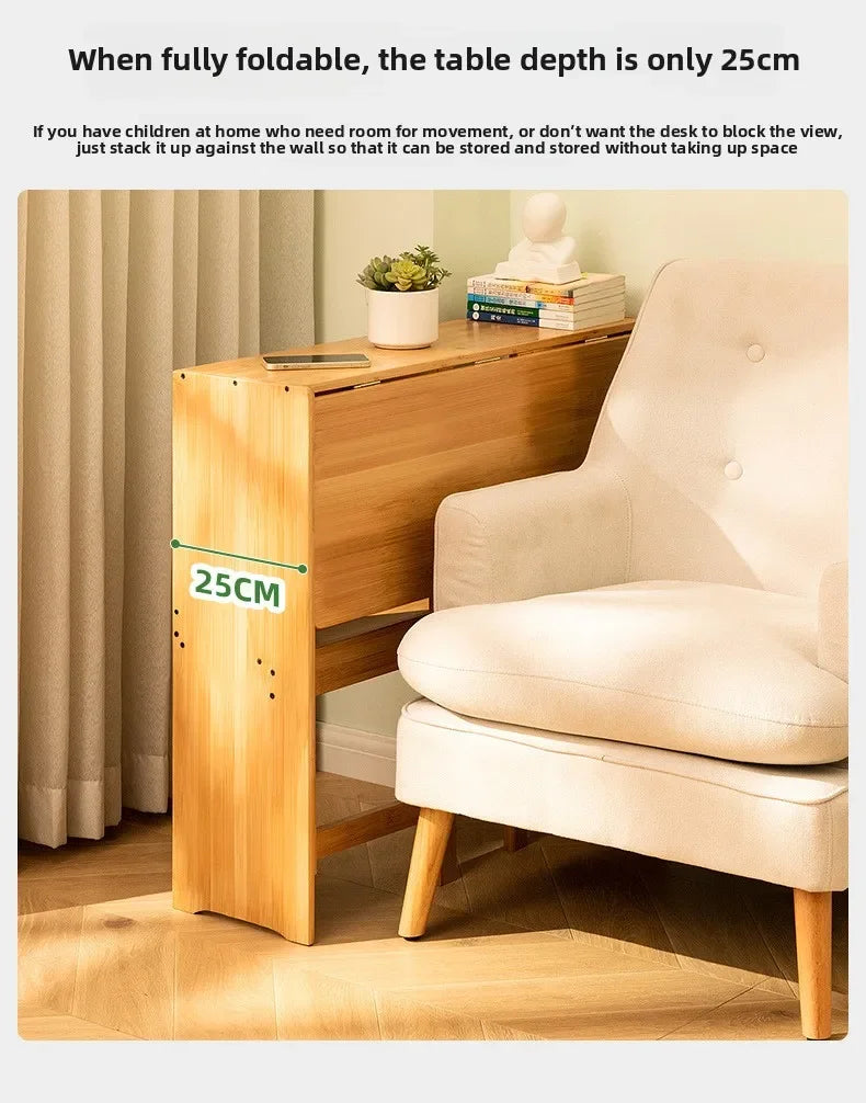 Foldable Bamboo Desk with Built-In Storage Shelf – No-Assembly Space-Saving Study & Computer Desk for Bedroom & Small Spaces