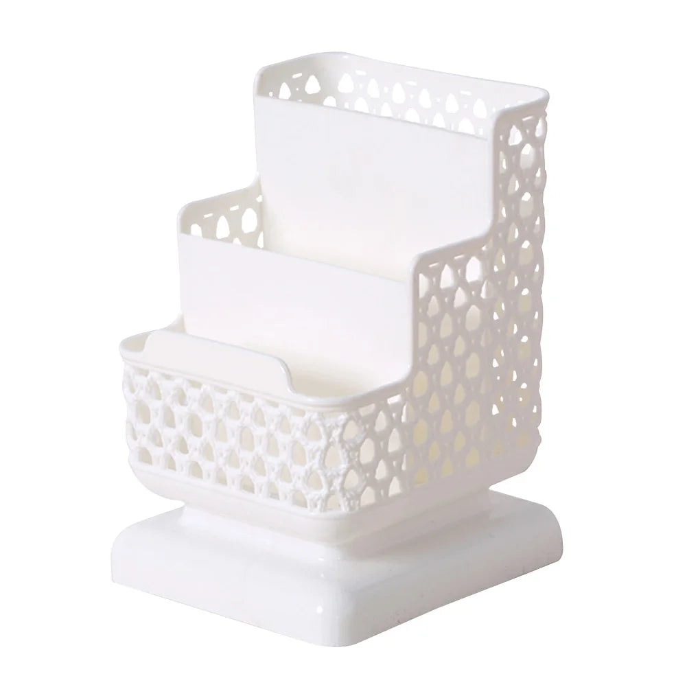 3-Tier Hollow Desk Organizer – Pens, Cards, Phone & Keys | Rattan-Style PP | Pink, Blue & White