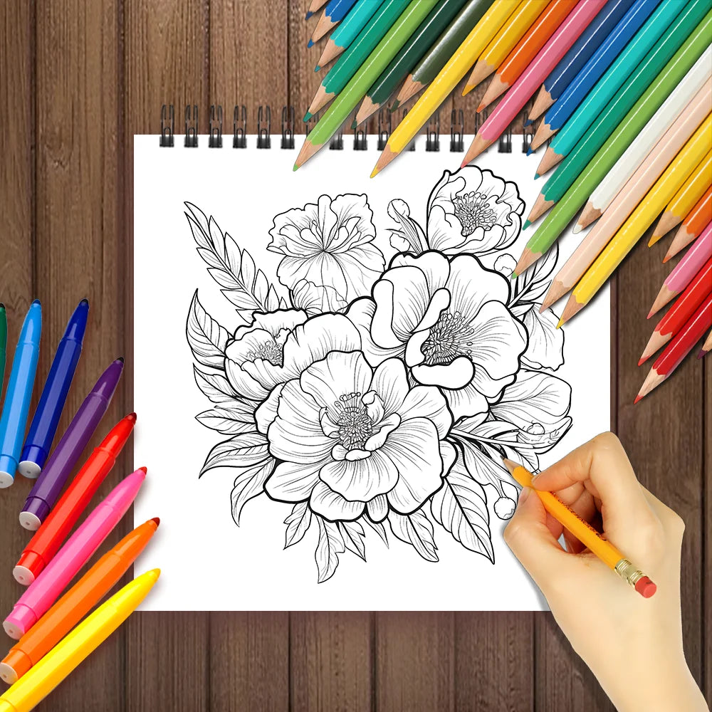 Adult level Spiral Coloring Book - 30 Sheets Floral Designs with Light Shading | 8.3x8.3" | Birthday & Holiday Gift