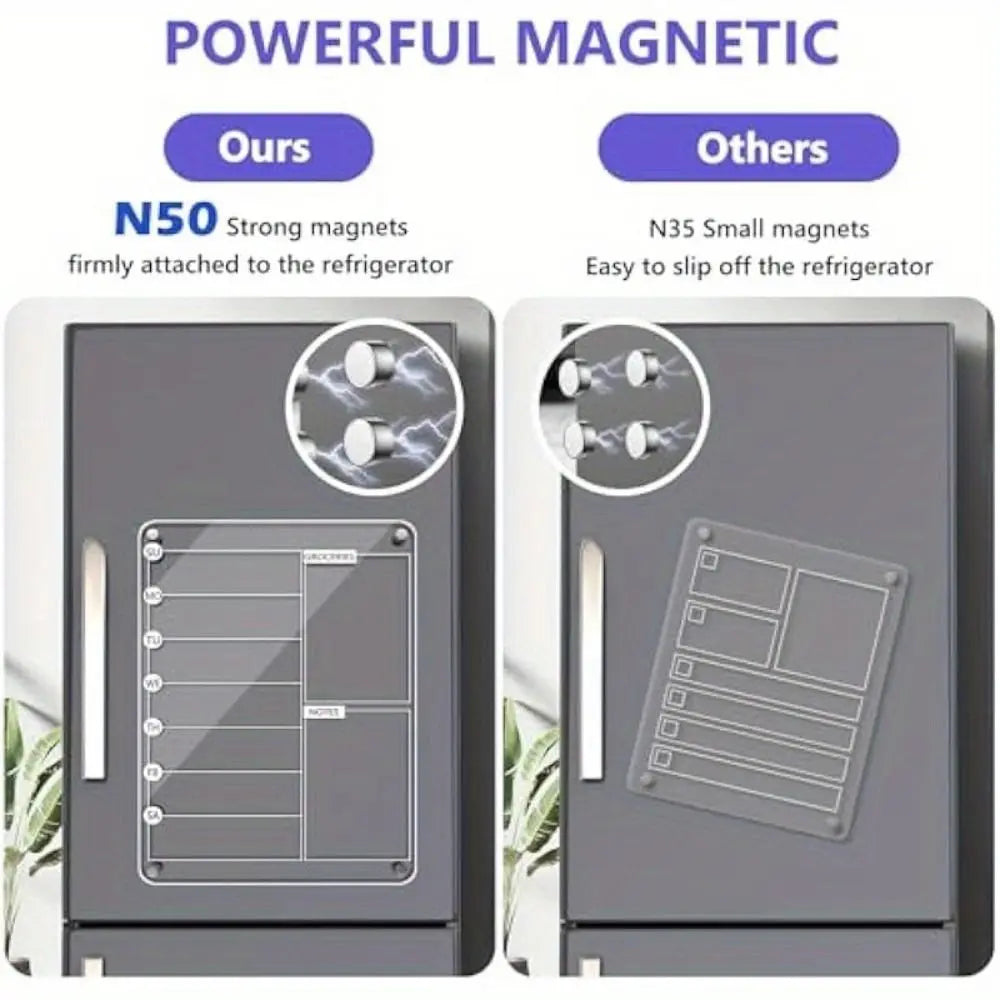 Magnetic Acrylic Fridge Weekly Calendar – Frameless Transparent Dry-Erase Planner | 7-Day Meal & Grocery Board | 8 Markers Included