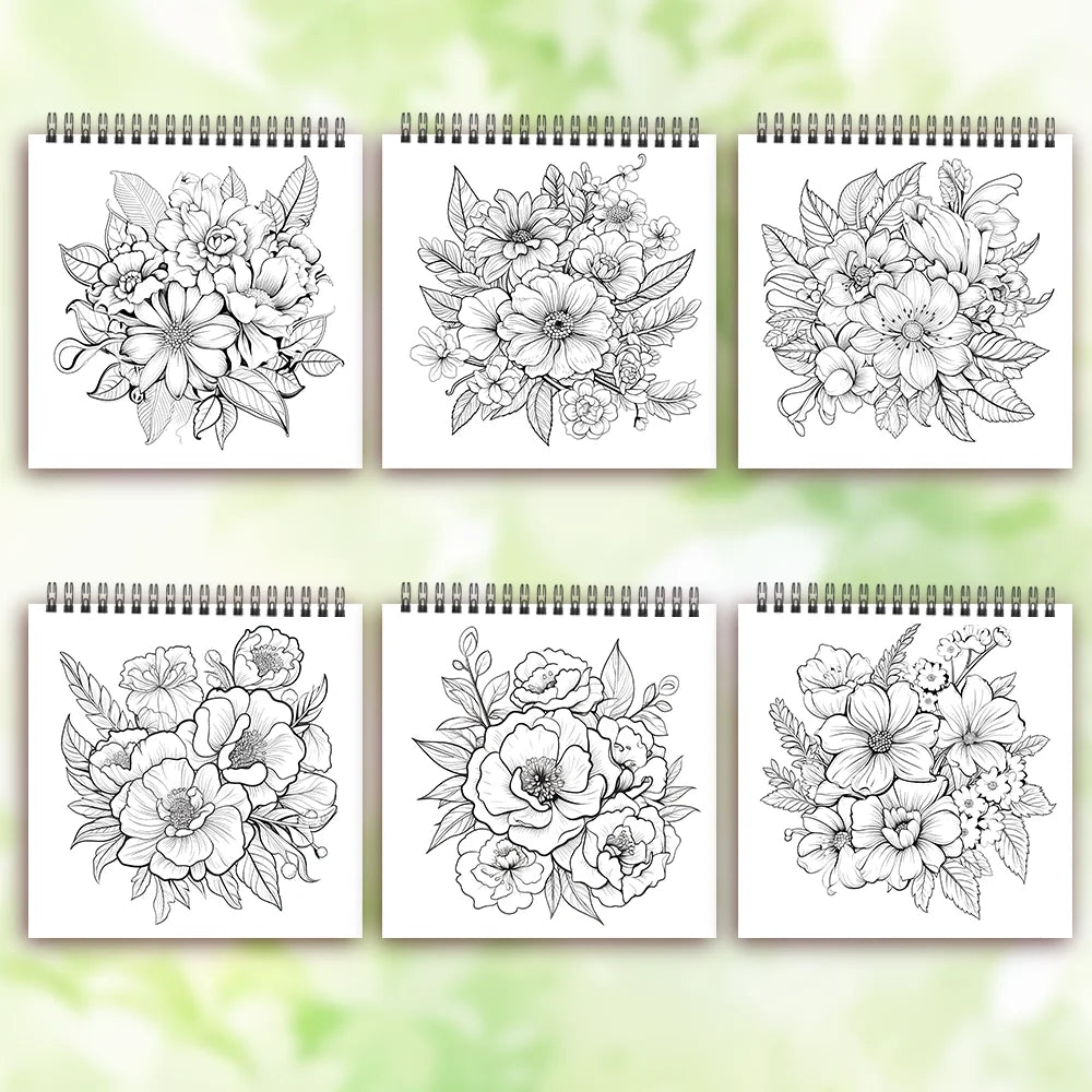 Adult level Spiral Coloring Book - 30 Sheets Floral Designs with Light Shading | 8.3x8.3" | Birthday & Holiday Gift