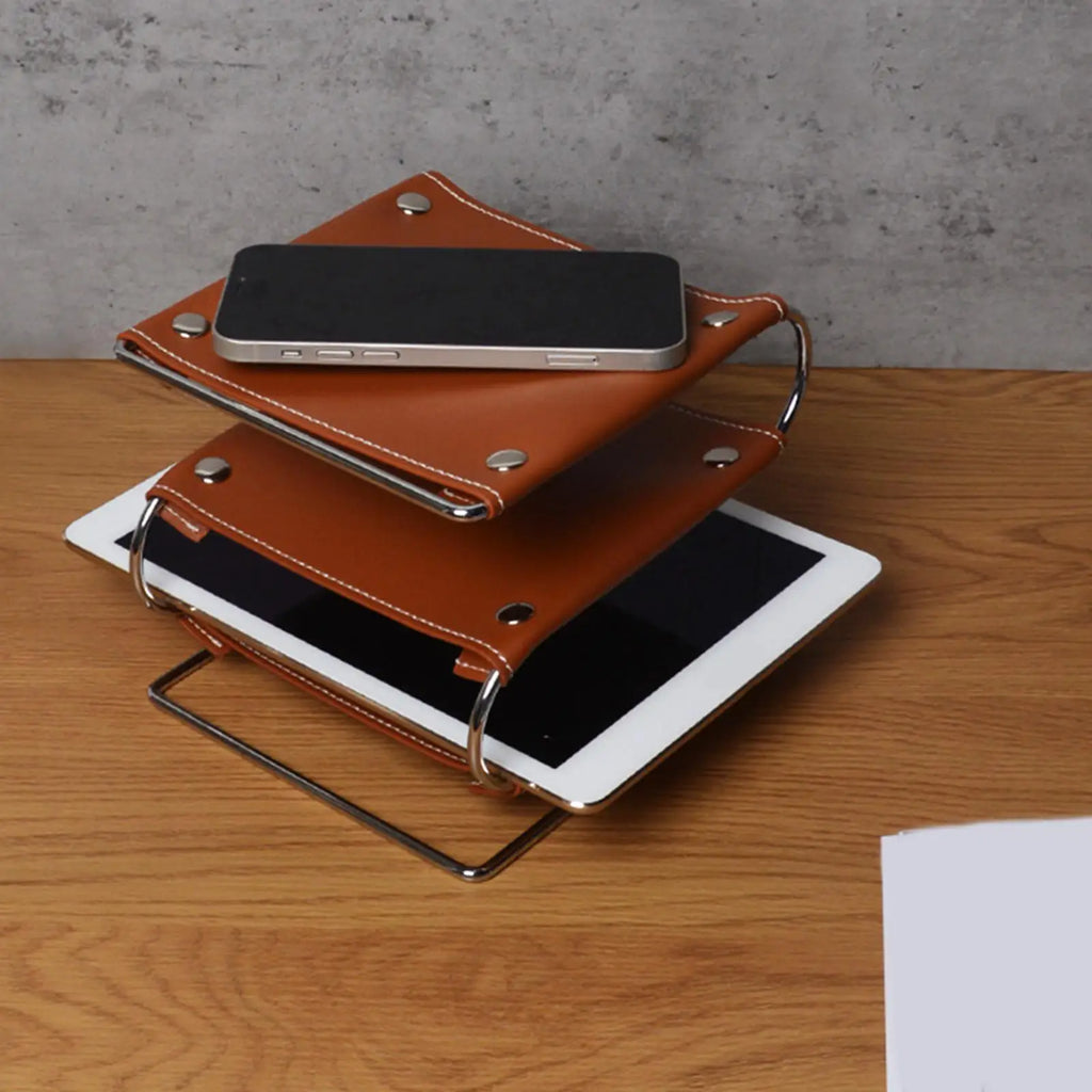 Three-Layer Desk Shelf Organizer in Brown | PU Leather & Metal Rack | File Sorting, Display & Multi-Use Storage