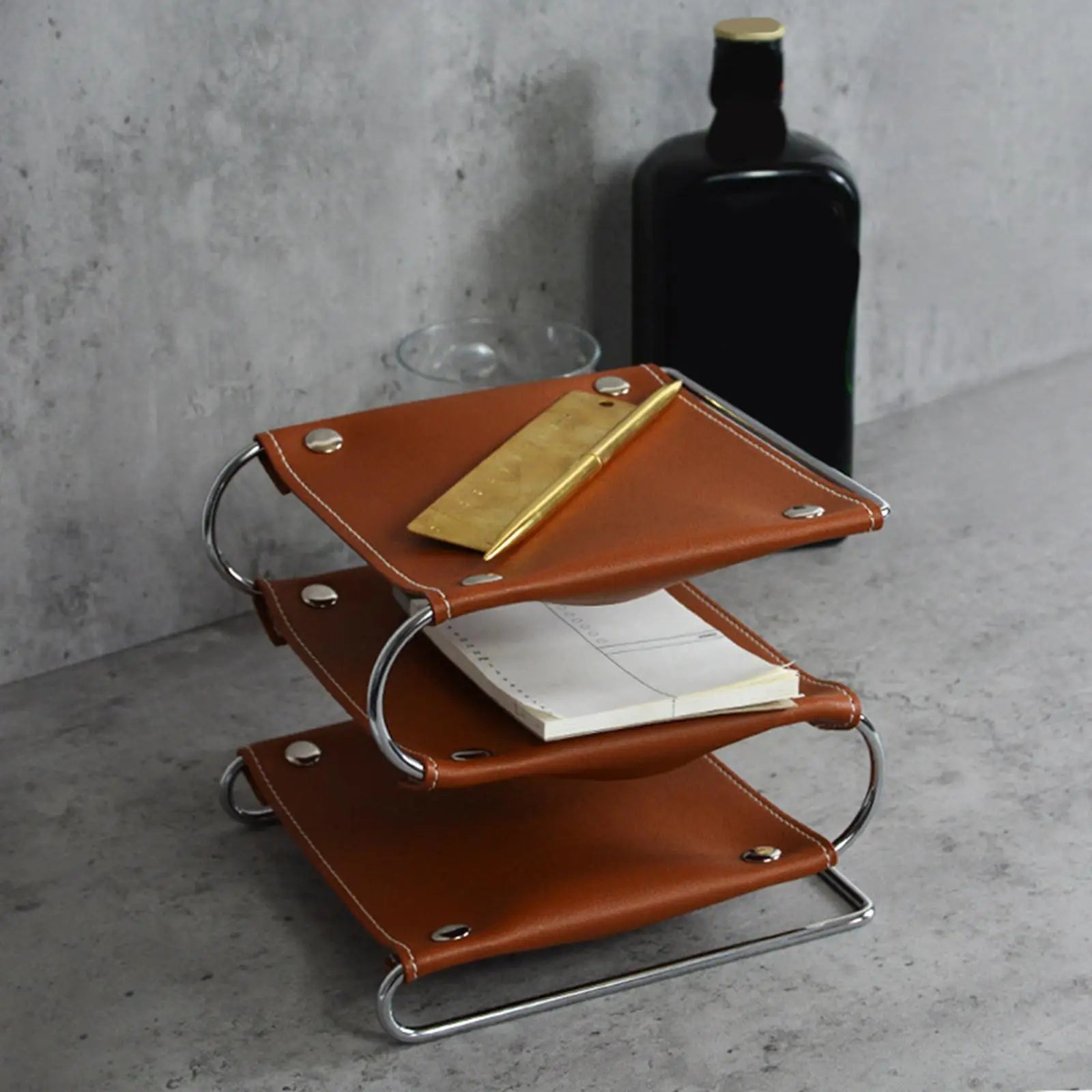 Three-Layer Desk Shelf Organizer in Brown | PU Leather & Metal Rack | File Sorting, Display & Multi-Use Storage