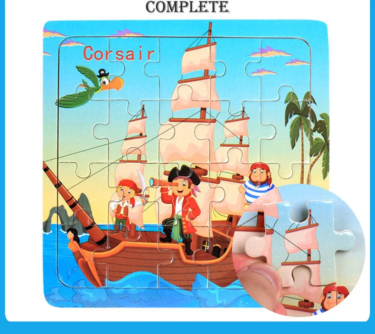 Wooden 3D Cartoon Puzzle — Montessori Educational Toy for Toddlers & Kids Ages 3–6