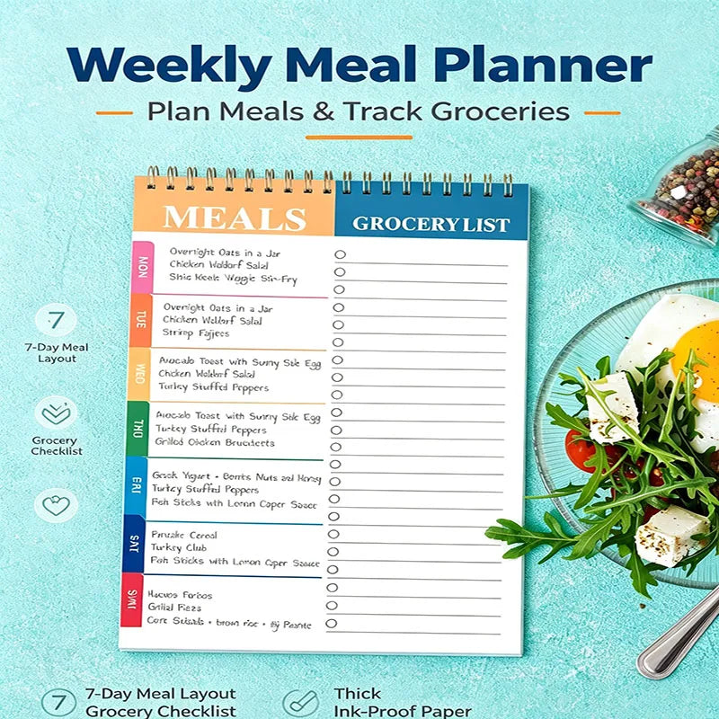 Weekly Meal Planner Notepad – 50 Sheets Tear-Off | 7-Day Meal Plan & Grocery Checklist | Stands Upright | Ink-Resistant Paper