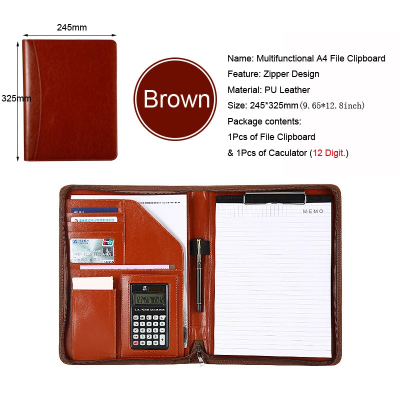 Executive A4 Leather Portfolio Folder – Zippered PU Leather Padfolio | With or Without Calculator | Black, Bronze, Blue & Brown