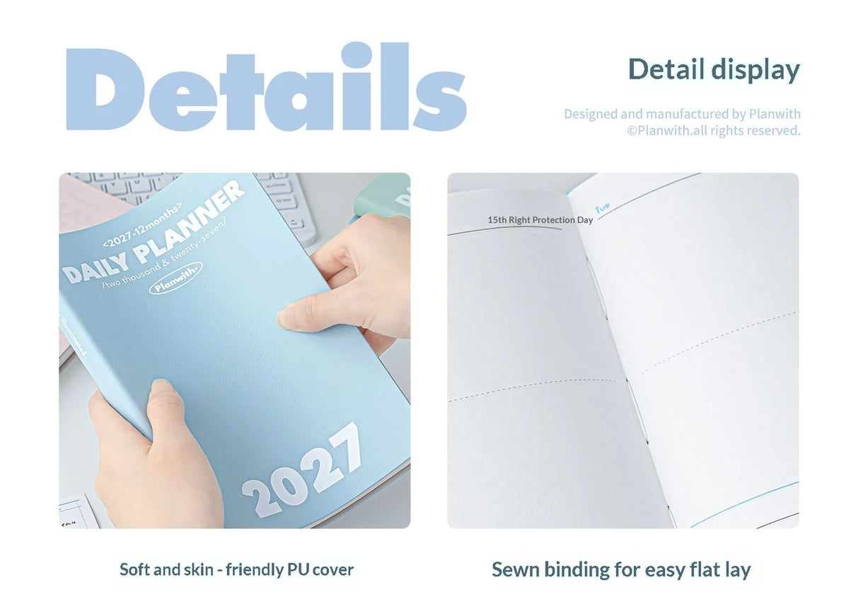 Planwith 2027 Daily Planner – 12-Month Weekly Agenda | Soft PU Cover, 180° Flat Open, 100gsm Paper | 12 Pastel Colors | Gift Box