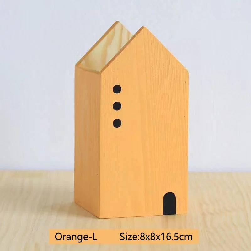 Wooden House Pen Holder - Cute Bookshelf-Style Desktop Organizer & Storage Box