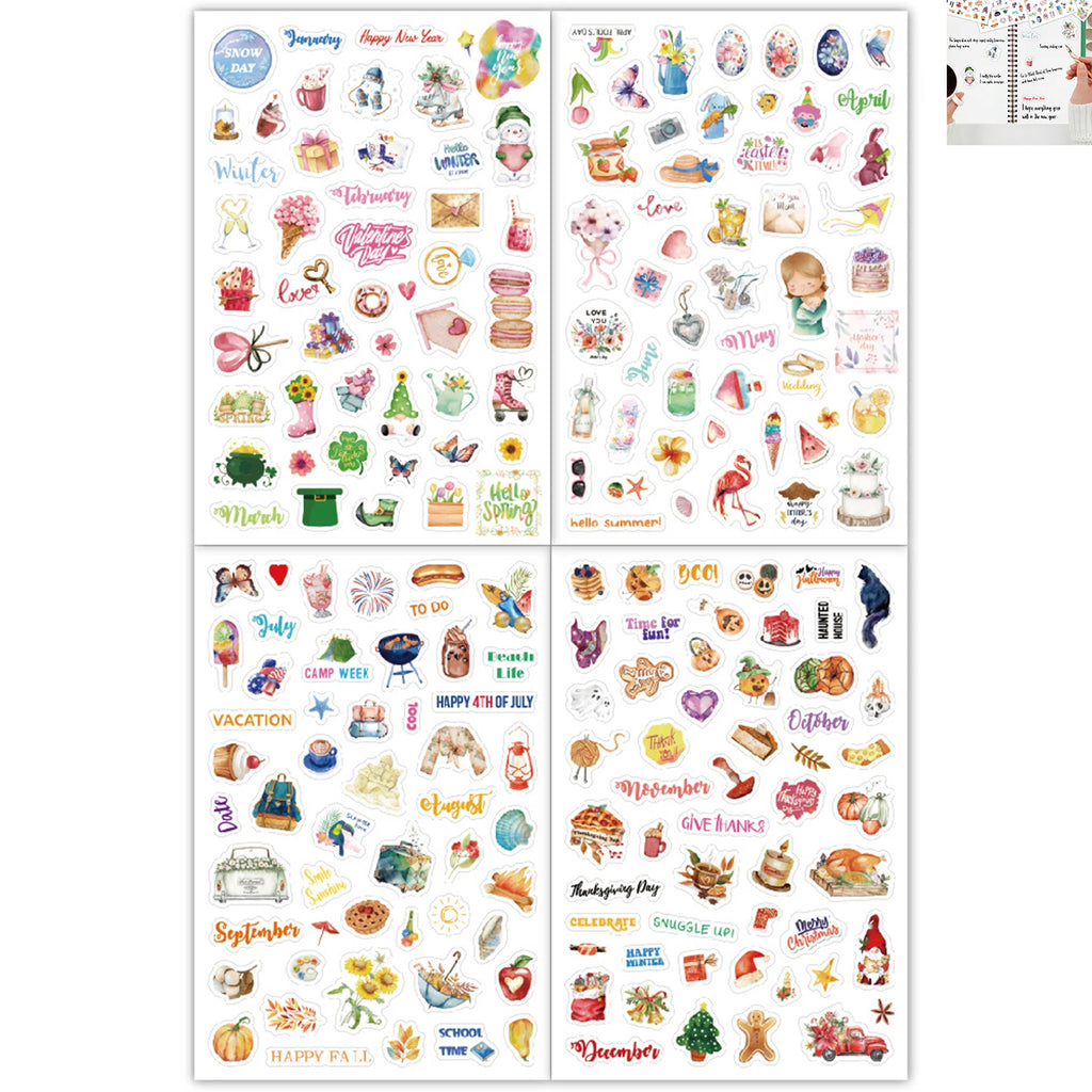 Monthly Calendar Stickers – 4 Sheets, 195 Stickers | Seasonal & Holiday Designs for Planners, Journals & Scrapbooks